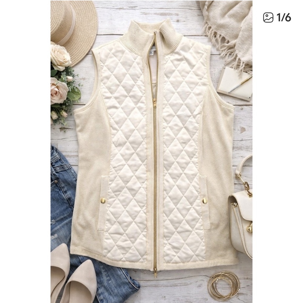 Susan Graver Quilted Knit Sleeveless Vest Cream  Full  Zip & Snap Pockets XXS